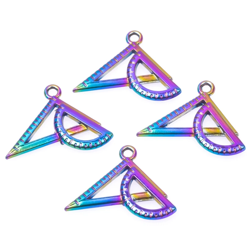 

15pcs/Lot Fashion Tools Pendants Triangle Board Protractor Ruler Math Supplies Learning Rainbow Color Charms For Keychain Making