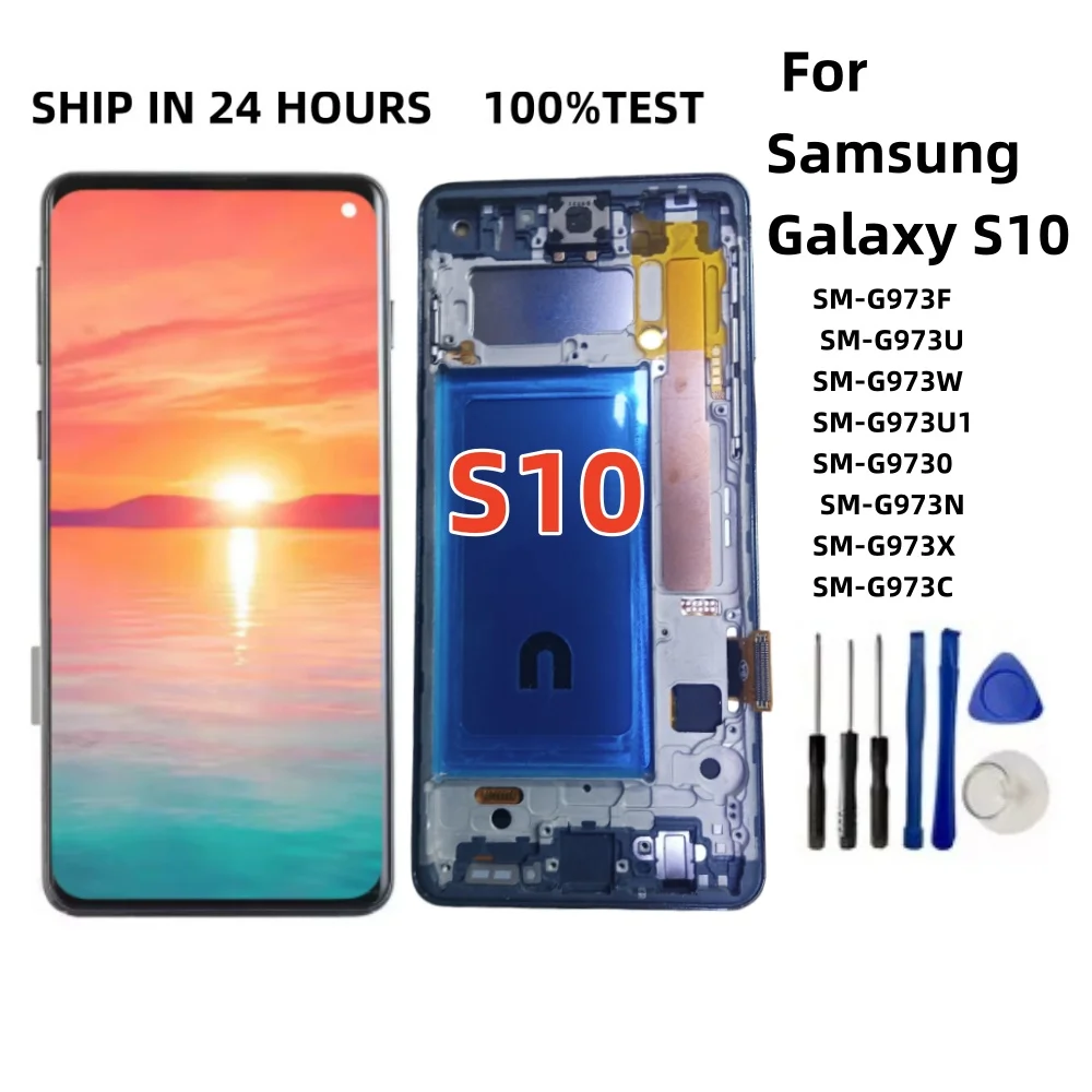 Фото TFT LCD-дисплей для Samsung Galaxy S10 SM-G973F/DS G973U G973, сенсорный экран, дигитайзер в сборе, запчасти для ремонта, с рамкой №1