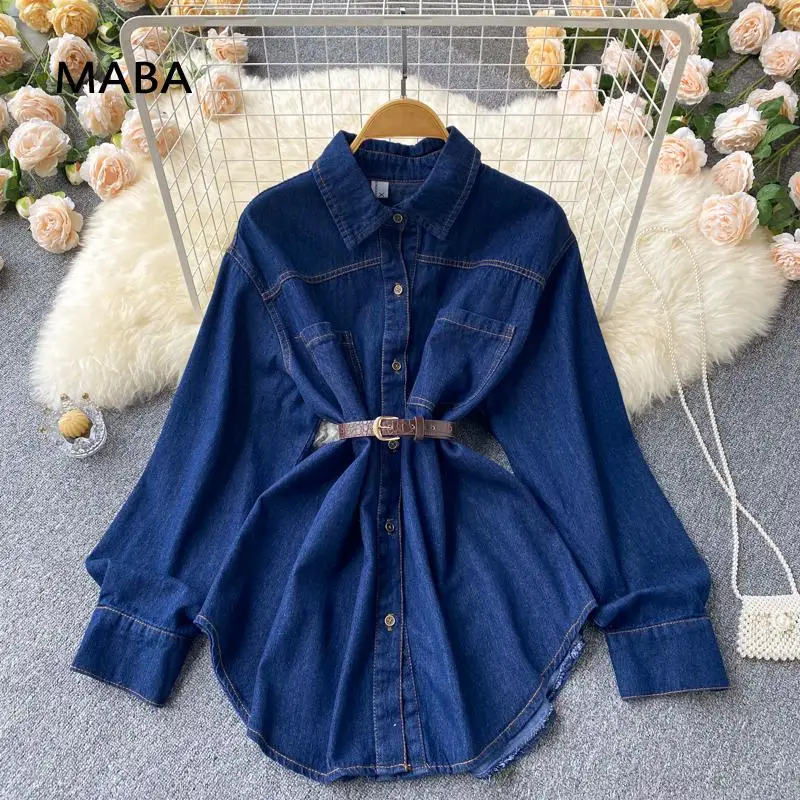 

Spring Autumn Women Denim Mid-length Shirt Top Female Turn Down Collar Long Sleeve Loose Casual Sashes Korean long Blouse 2022