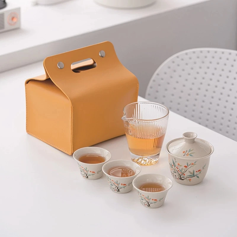 

Дорожный портативный чайный набор Kungfu, цветочный инфузер, чаша с крышкой из растительной золы, уличная Бытовая чайная посуда, полный набор п...
