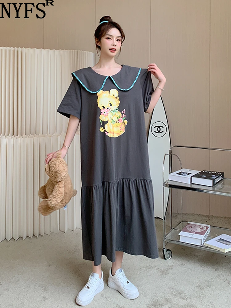 

Женское свободное платье NYFS, длинное платье в Корейском стиле с рисунком медведя и кукольным воротником, лето 2023