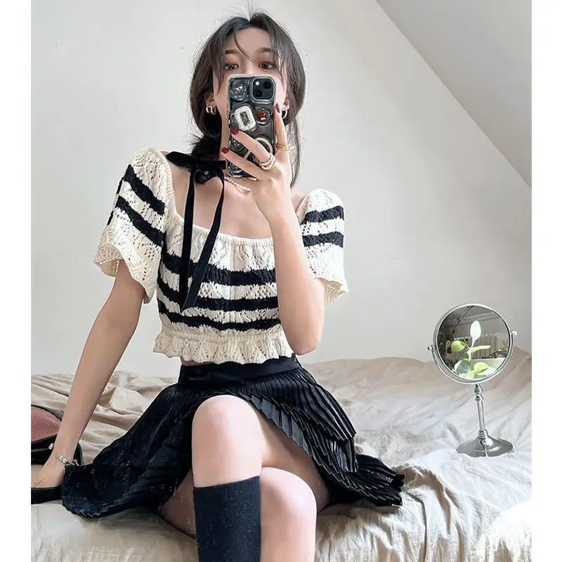 

Square Collar Striped Short Length Knitted Tees Summer Hollow Out High Waist Crop Tops Tshirts Ruffles Sexy Camisetas Women