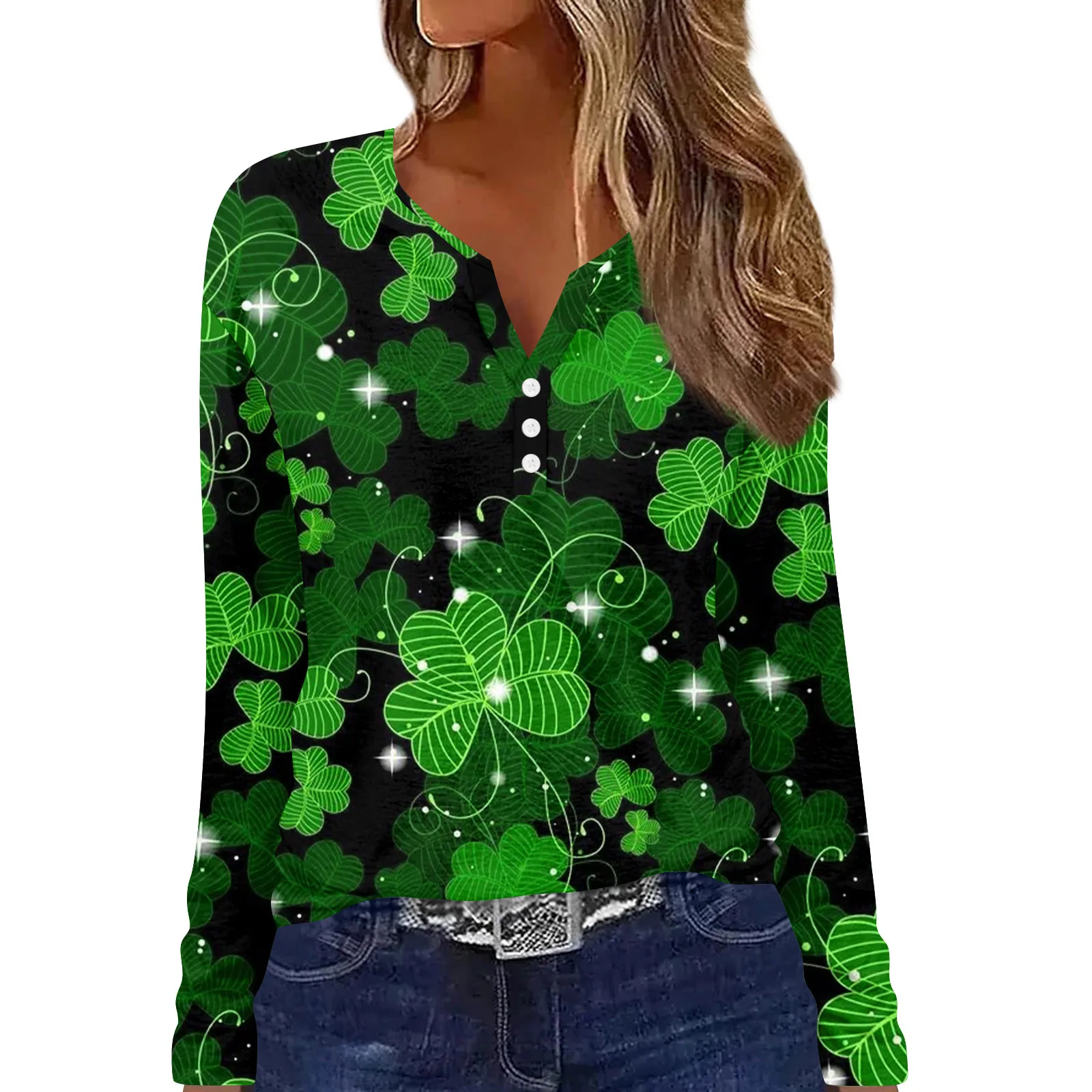 

Women's Fashion Casual V-neck Saint Patrick's Day Printed Long Sleeved Decorative Button T-shirt Top ropa de mujer 가을 여성 의류