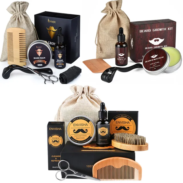 Beard Growth Kit For Men Barbe Hair Enhancerbeard Essential Oil Moisturizing Wax Growth Roller Comb Styling Scissors Beard Care 1