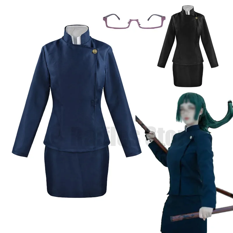 

Anime Jujutsu Kaisen Cosplay Costume Maki Zenin Cosplay Wig Glasses Skirt Zen In Maki Halloween Blue Black Uniform Green Hair