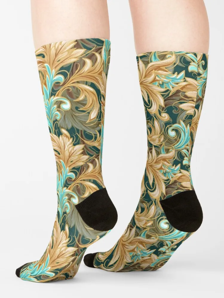 Rococo Bliss узор | Глубокий крутой зеленый + бирюзовый кремовый носки для мужчин и
