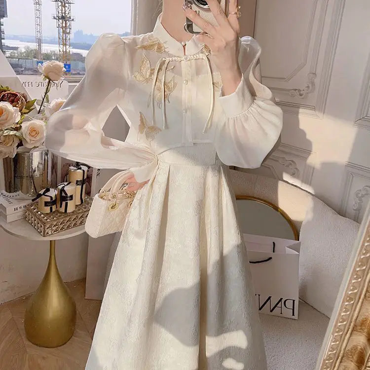 

2023 Summer Chinese Style Suspender Dress Women Mid-Length Cheongsam Shawl Coat Skirt Two-Piece Suit Embroidery Elegant Dresses