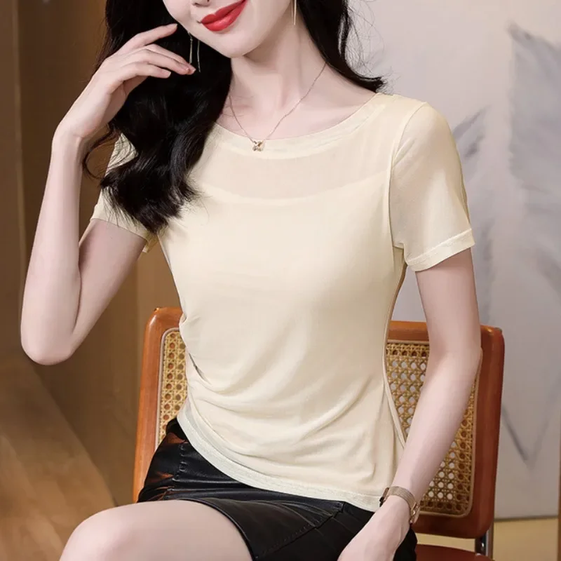 Топ женский сетчатый с коротким рукавом стильная укороченная модная футболка