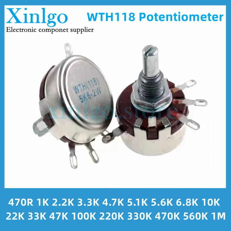 

5pcs WTH118 2W 1A Potentiometer 470R 1K 2.2K 4.7K 10K 22K 47K 100K 470K 560K 1M Round Shaft Carbon Rotary Taper Potentiometer