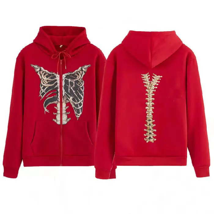Толстовка женская оверсайз на молнии с принтом скелета в готическом стиле |