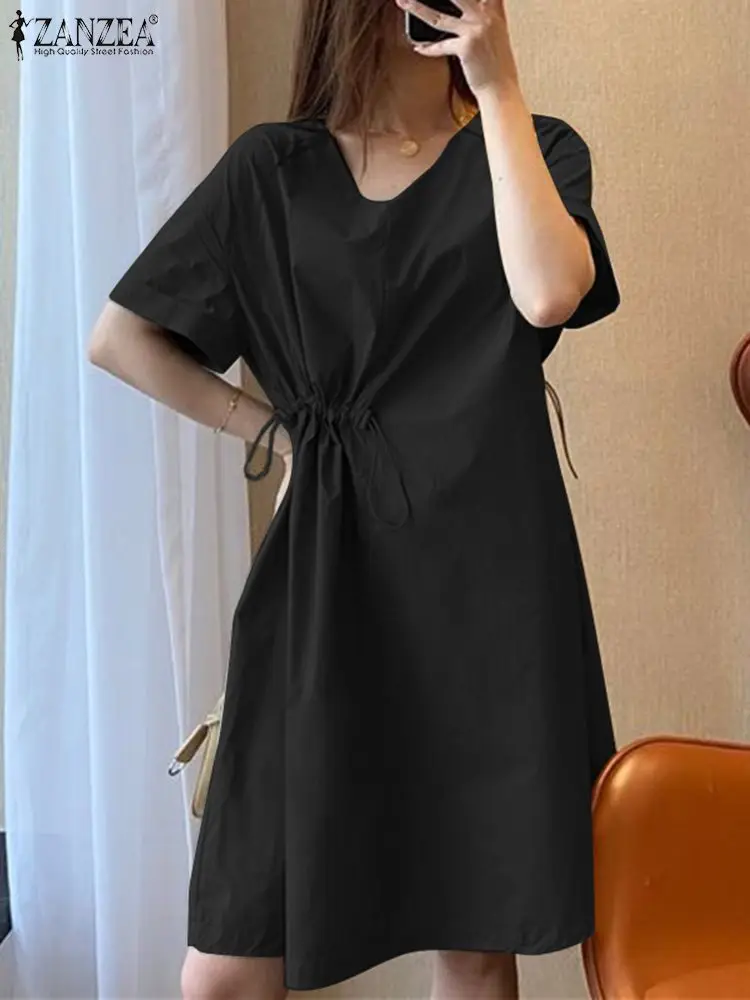 

ZANZEA Summer V Neck Short Sleeve Solid Knee-length Sundress Casual Loose Party Vestido Robe Femme Korean Fashion Women Dress