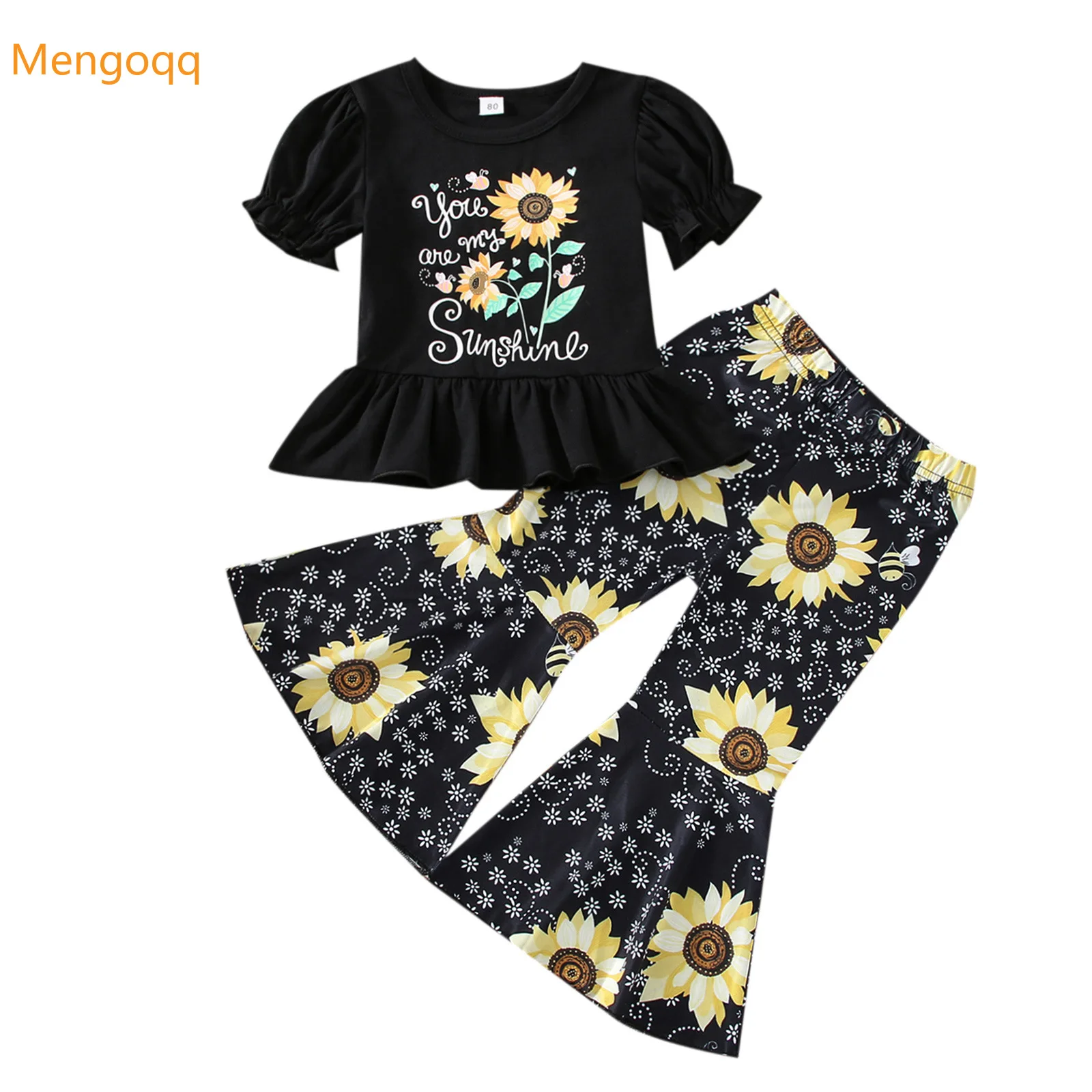 

MENGOQQ Summer Kidss Baby Girls Short Sleeve Print Top T-shirts Sunflower Flare Trousers Children Fashion Clothing Set 2pcs 1-6Y