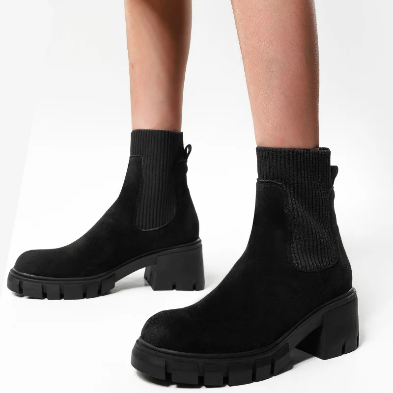 

Med Heel Boots Women's Rubber Shoes Rain Clogs Platform Flock Basic PU Hoof Med Heel Boots Women's Rubber Shoes Rain Clogs Platf