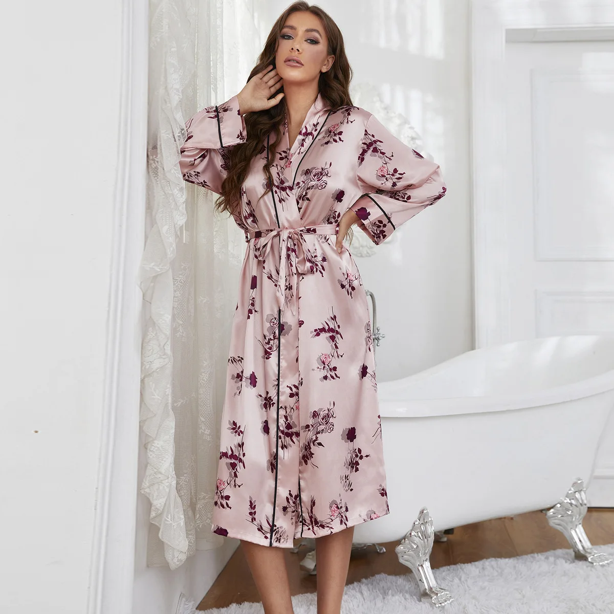 Flower Rose Print Silk Satin Robe For Women Autumn Pyjama Robe Nightgown Long Bathrobe Female Nightwear Sleepwear
