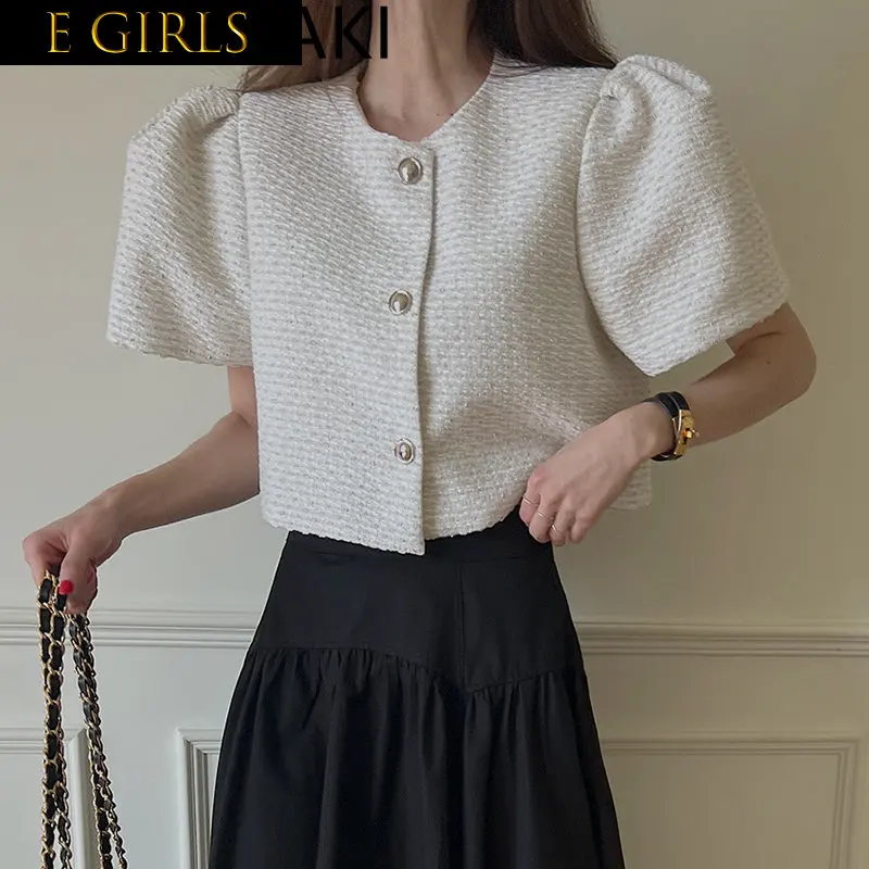 

E GIRLS Spring Summer 2023 O Neck Puff Sleeve Jackets Women Loose Casual Vintage Simple Short Coat French Style Chic Elegant Top
