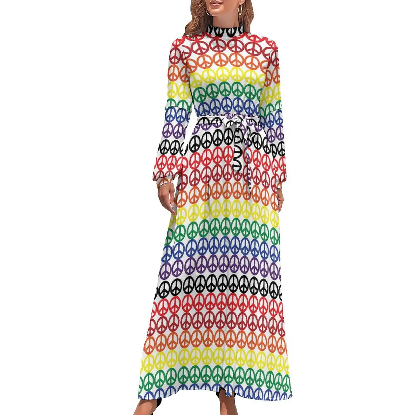 

Peace Symbol Print Dress High Neck Rainbow Stripes Custom Bohemia Dresses Long Sleeve Street Wear Long Maxi Dress Kawaii Vestido