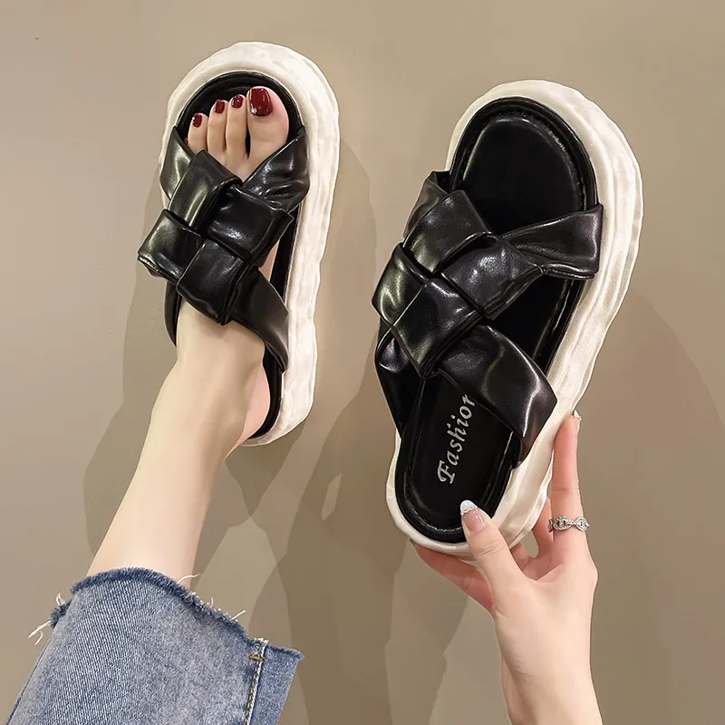 

Shoes Slippers Flat Slides Summer Clogs Woman Pantofle Med Platform Soft Beach 2022 Cross-tied PU Slippers Women Summer Flat Sho