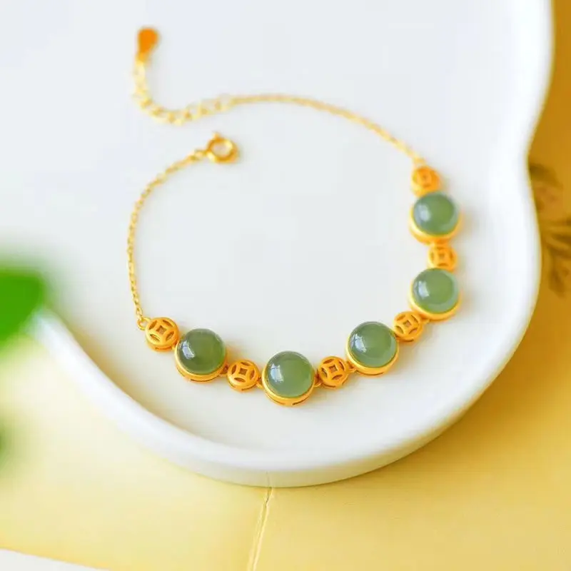 Natural Hetian Jade Gray Bracelet Inlaid S925 Sterling Silver Ancient Gold Hollow Copper Coin Connection |