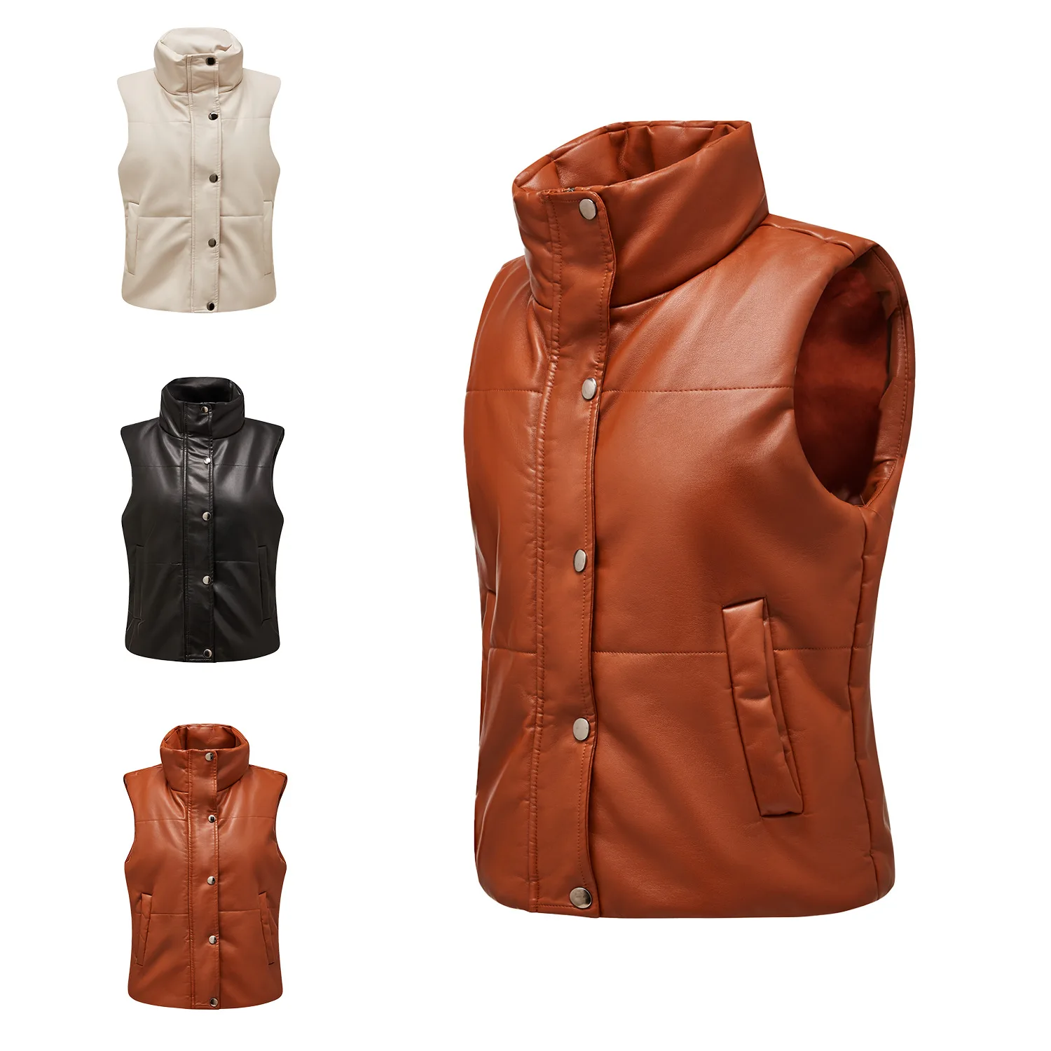 2022 Autumn Winter Women Leather Vest Sleeveless Quilted Zipper Cotton Clothing Fashion Stand Collar Jacket