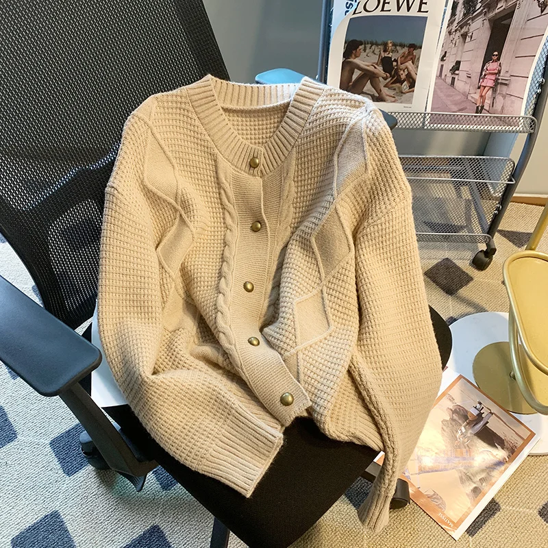 

Khaki Geometric Pattern Single Breasted Knitted Sweater Cardigan Women's Spring Autumn Loose Long Sleeve Thin Knit Coat Female