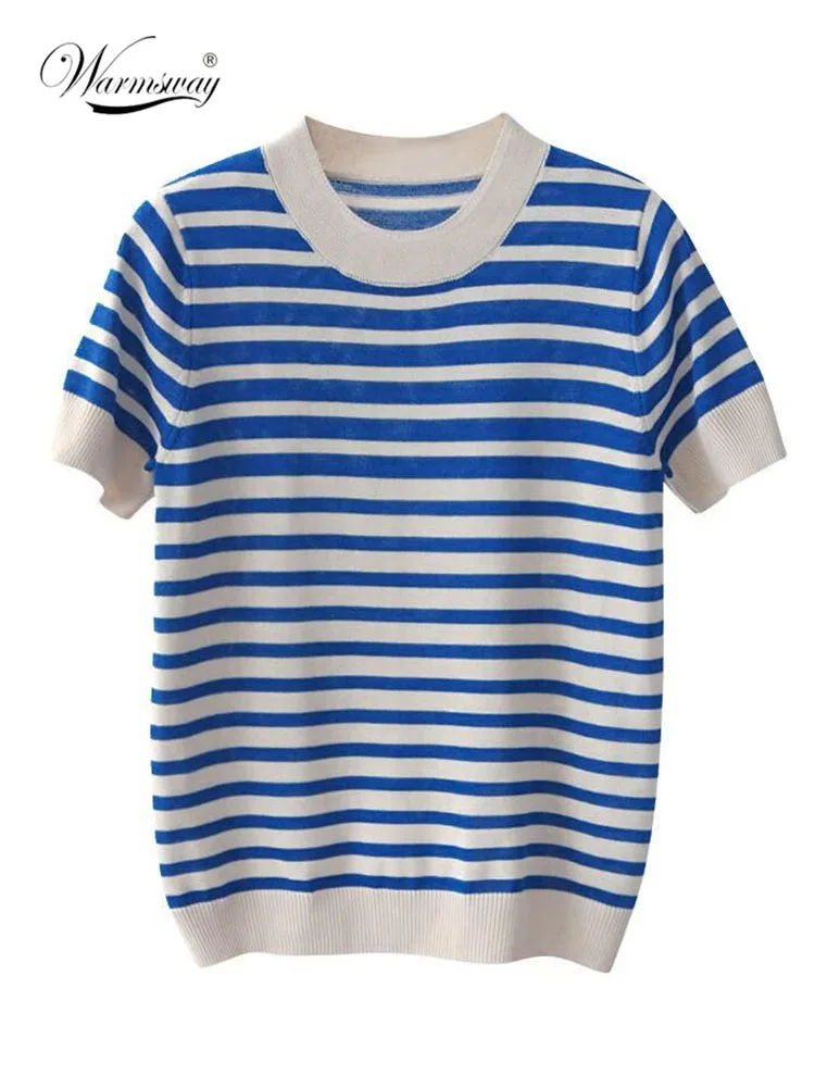 

Thin Knitted T Shirt Stripe Round Neck 2022 Summer Woman Slim Short Sleeve Tees Tops Striped Casual T-Shirt B-165