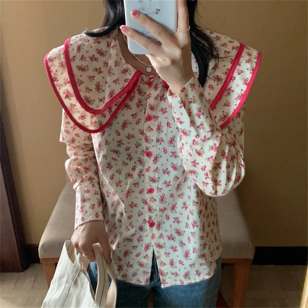 

Alien Kitty Retro Florals New Women Shirts Sweet Peter Pan Collar Chic Printed 2022 Spring OL Hot Elegant Casual Tops Blouses