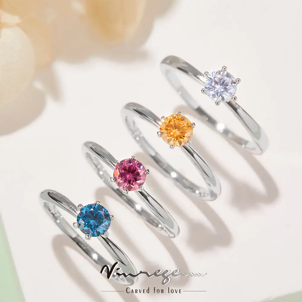 

Vinregem 925 Sterling Silver White Gold 5MM Colorful Moissanite Pass Test Diamond Wedding Engagement Ring for Women Dropshipping