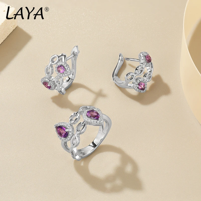 

LAYA 925 Sterling Silver Pear-Shape Natural purple Topaz Cube Chain Ring Earrings Original Modern Fine Jewelry Sets 2022 Trend