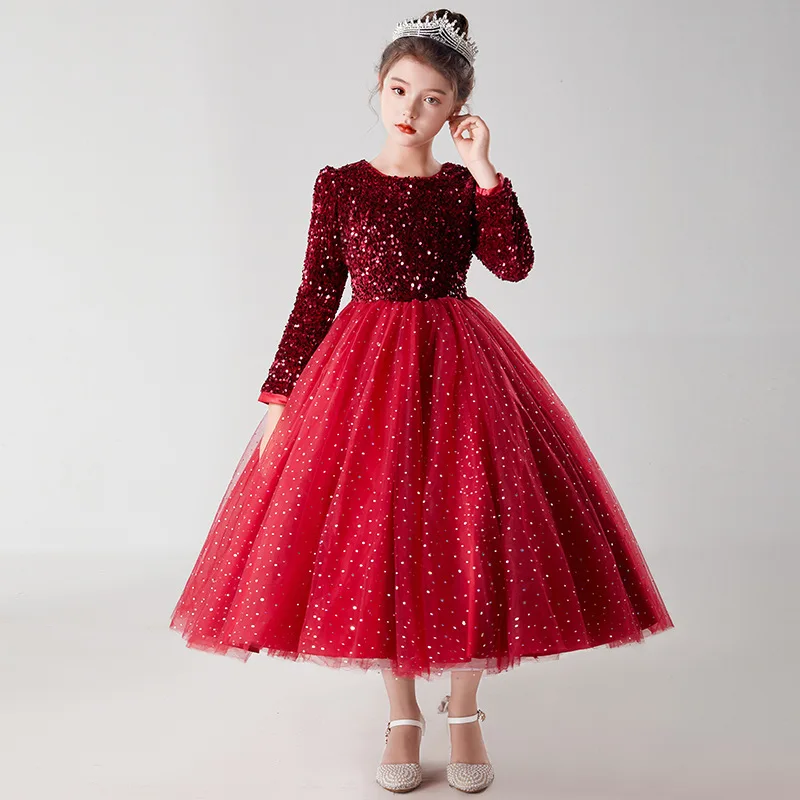 European Children's Dress Princess Dress Girl Wedding Dress Poncho Skirt Long Sleeve Dress Little Girl's Host Performance Dress