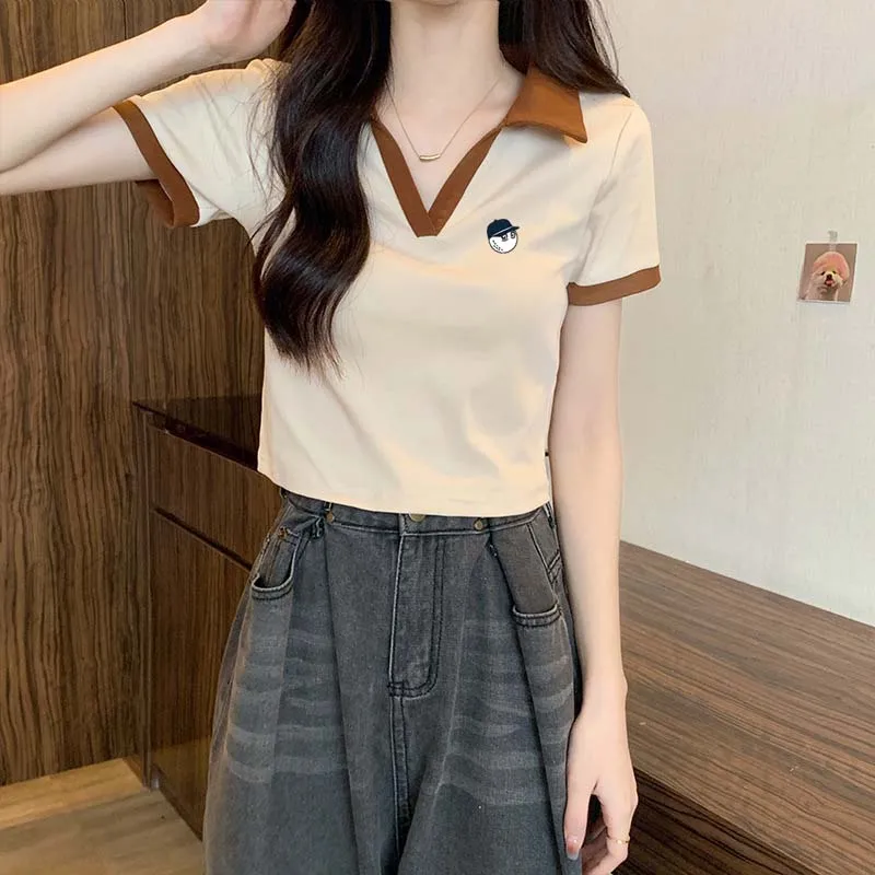 Malbon Women For Polo Slim Fit T-shirt Shirt V Neck Pullover Lapel Short Sleeve Female Summer Chic Tops For Golf  Wear