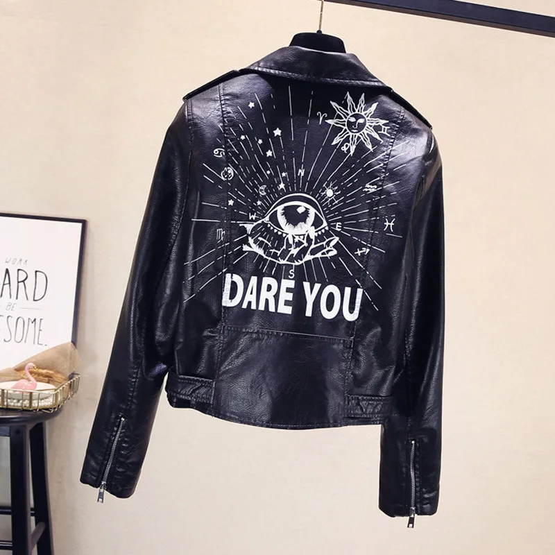 Punk style lapel female pu leather coat epaulette belt printed motorcycle suit leather jacket studded short coat
