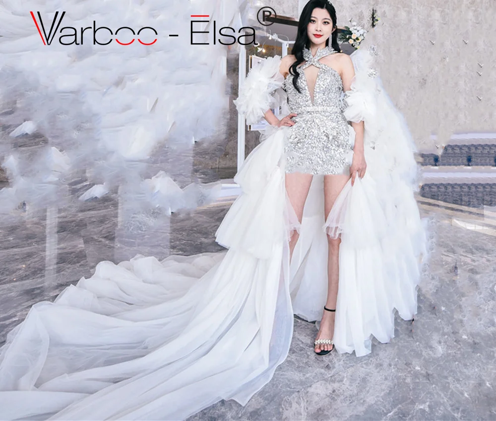 

Varboo_Elsa Dubai Heavy Crystal Beaded Short Evening Dress Silver White Halter Crystals Ruffle Prom Gowns With Detachable Train