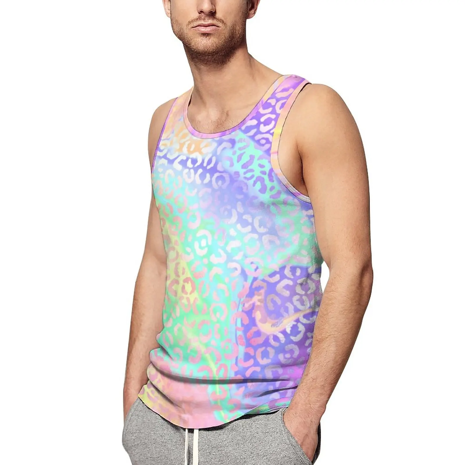 

Colorful Leopard Print Tank Top Man's Abstract Rainbow Sportswear Tops Beach Workout Custom Sleeveless Shirts Large Size