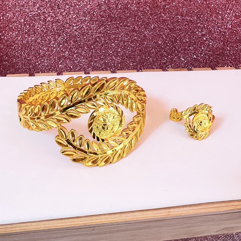 

Dubai 24K Gold Plated Bangles For Women Wholesale Luxury Bracelets With Ring Quality Copper Golden Indian Hawaiian Jewelry