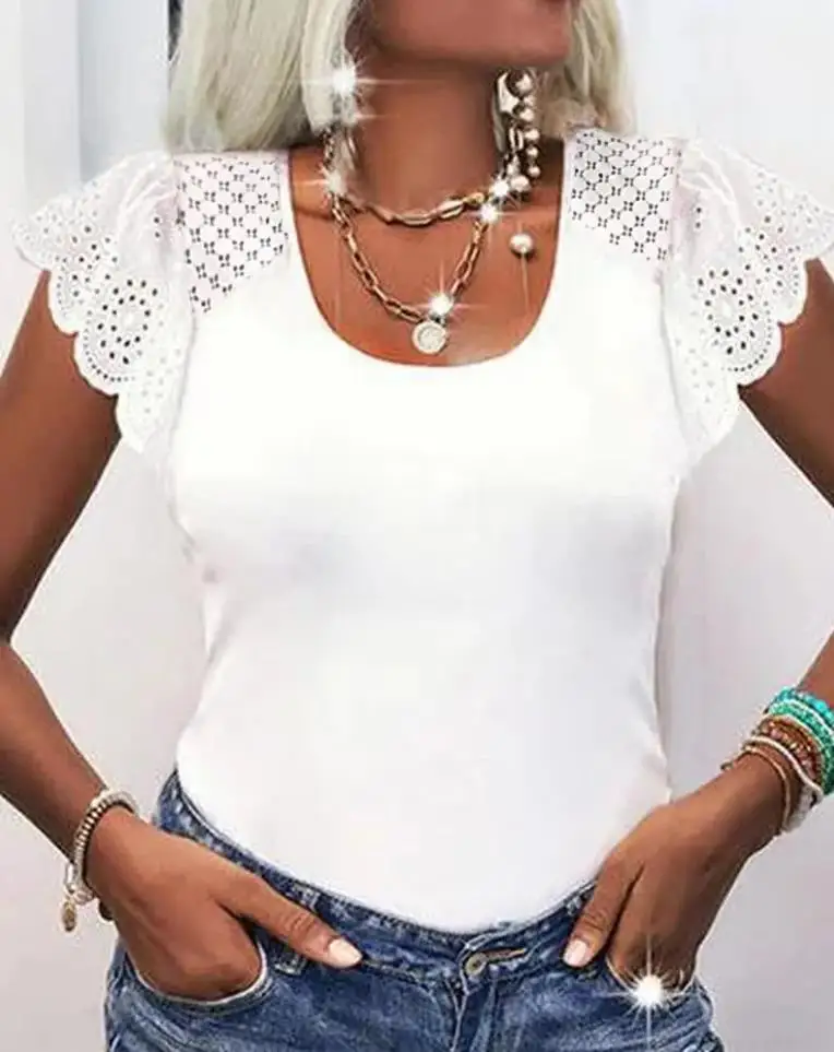 

Women's Tops Short Sleeve T Shirt Contrast Lace Flutter Sleeve Top Scoop Neck Female Tees Skinny Clothing Slim 2022 Summe New