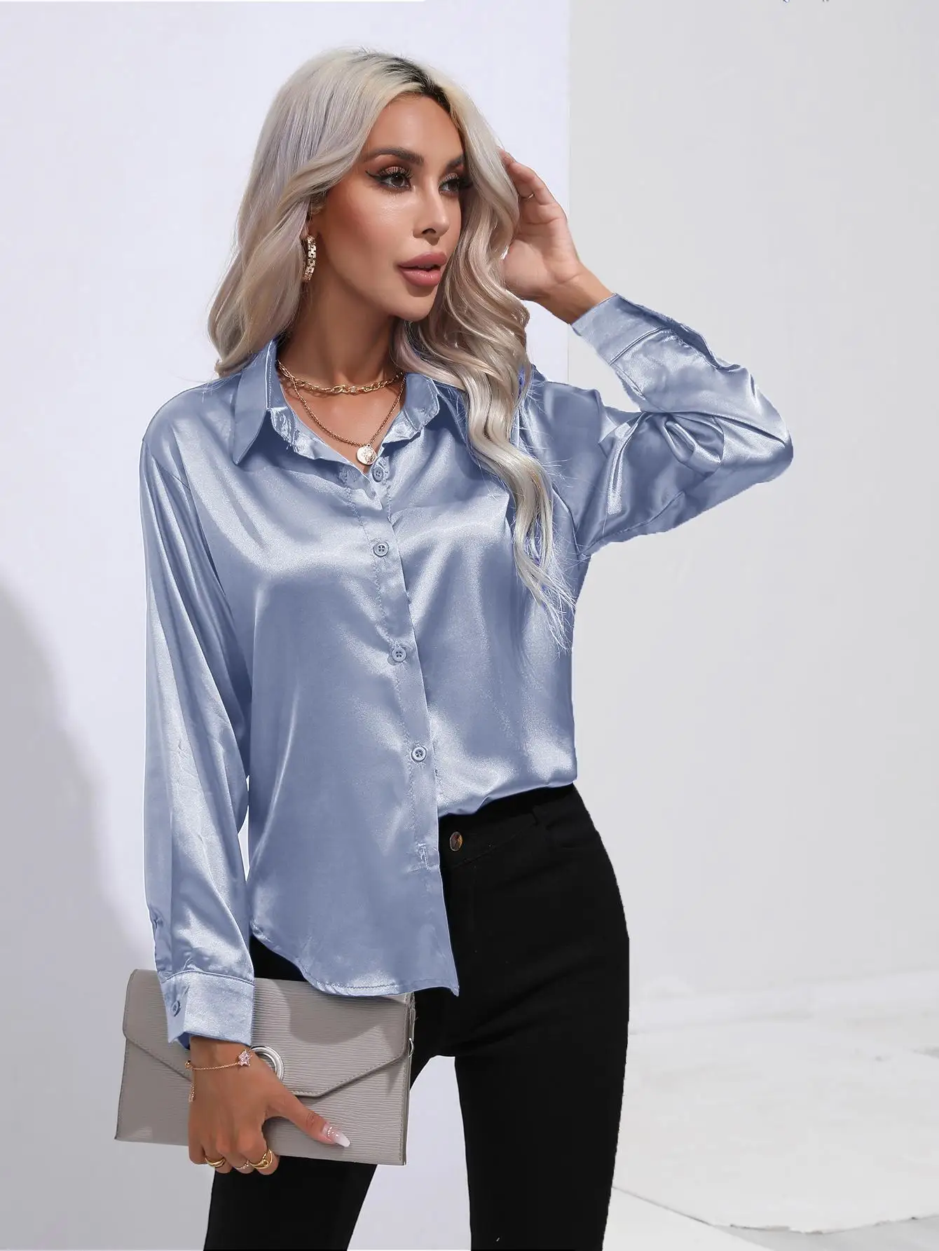 

2023 Spring and Autumn Female Silk Shirts Long Sleeve Turn-down Collar Button Fly Office Lady Elegant Shirt Loose Women Blouses