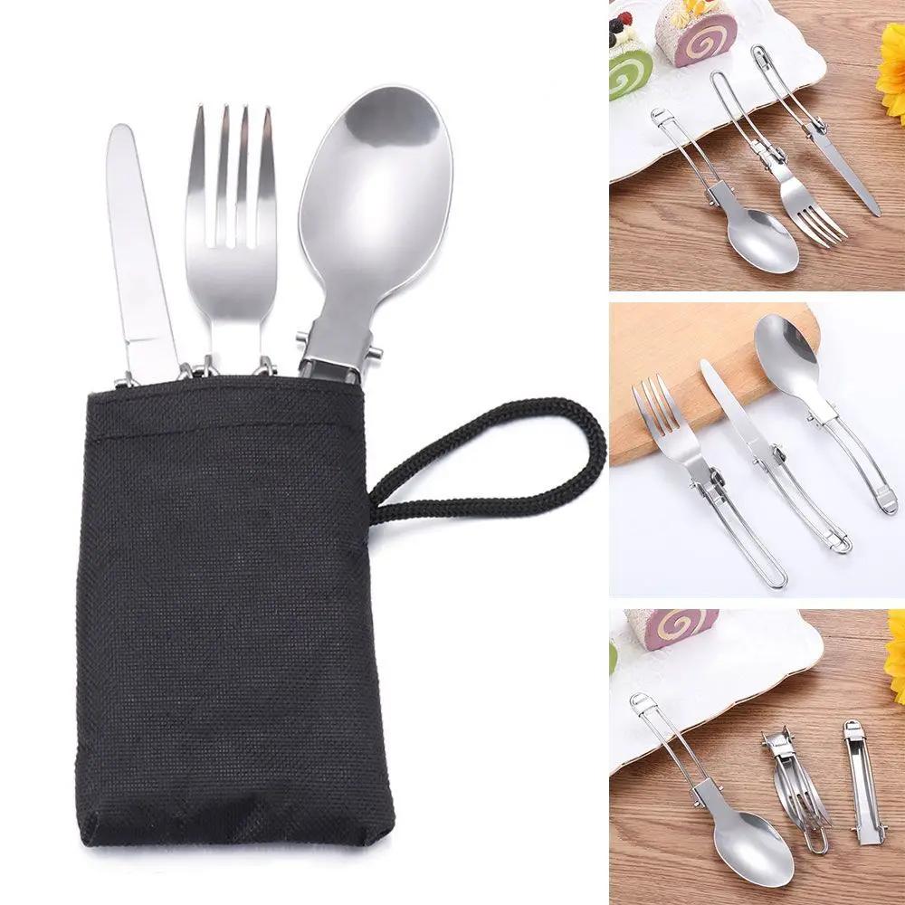 

3pcs Outdoor Foldable Cutlery Tableware Stainless Steel Flatware Set Camping Trave Dinnerware Fork Spoon