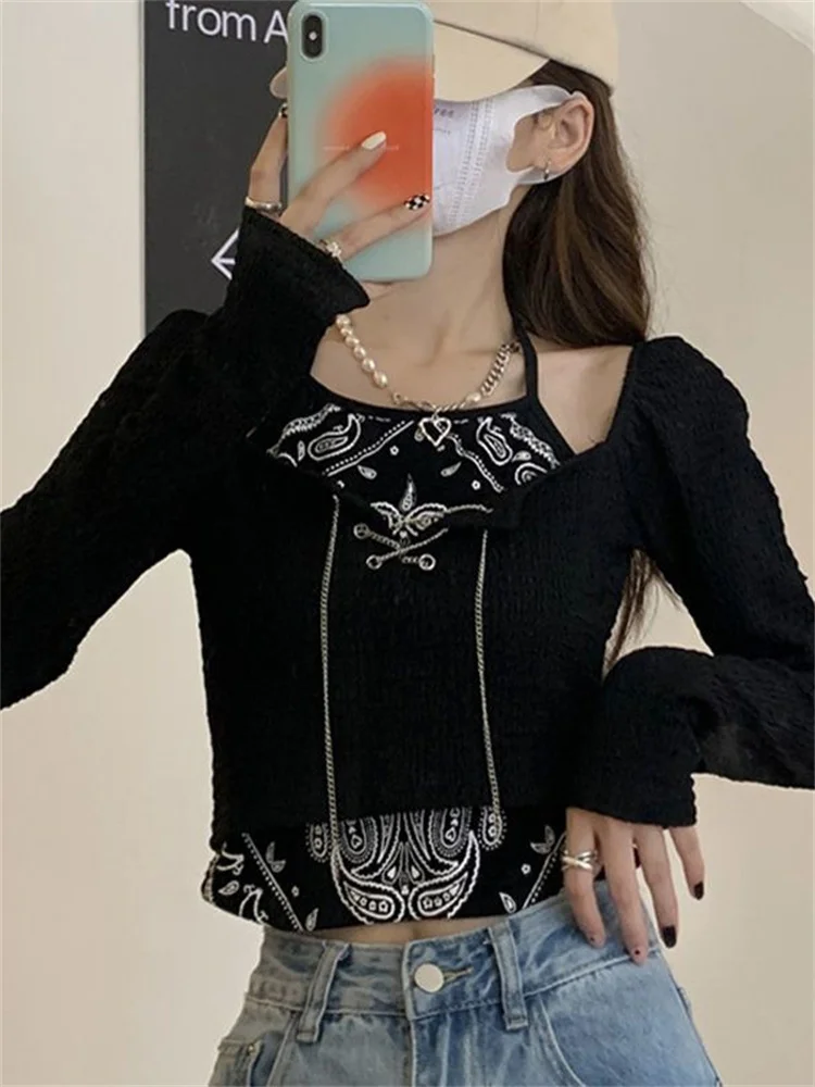 

Футболка с длинным рукавом и имитацией двух предметов, Женская Осенняя Корейская Новинка 2022, популярная Милая крутая облегающая пикантная ...