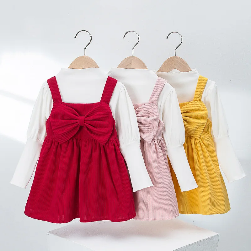 

Новое Осеннее милое платье принцессы для маленьких девочек, платье на бретельках с розовым бантом и пышными рукавами на день рождения для в...