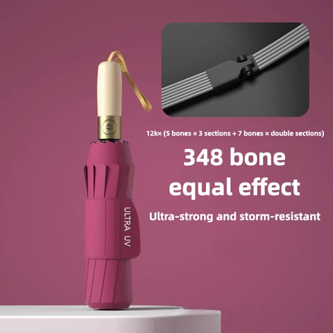 Усиленный 348 ребер, хранилище, складной автоматический зонт с черным покрытием, солнцезащитное УФ-защита UPF 50+, ветрозащитная ручка для защиты от дождя