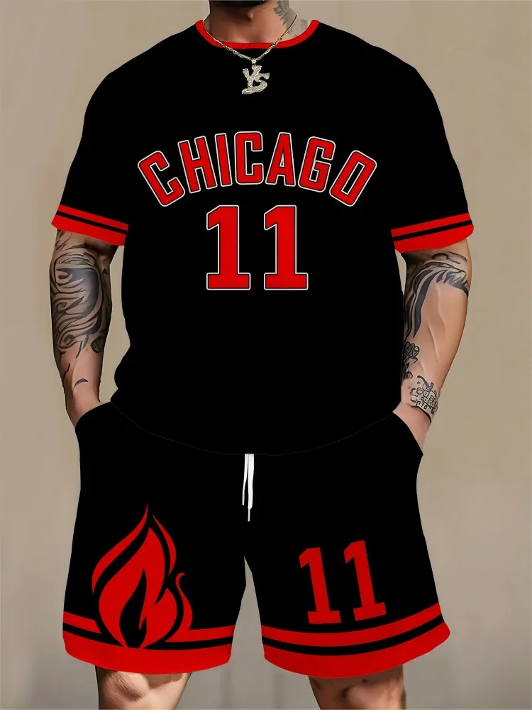 Chicago Monogram Print Men's Short Sleeve And Shorts Set Everyday Casual T-shirt Street Fashion Sports Two-piece