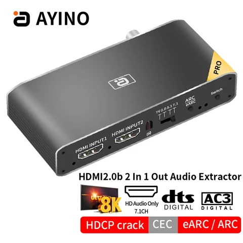 AYINO 8k HDMI2.0b аудио экстрактор 2 в 1 выключатель eARC сплиттер 7.1CH атмосферы DSTHD AUX коаксиальный Оптический DAC декодирование CEC HDCP