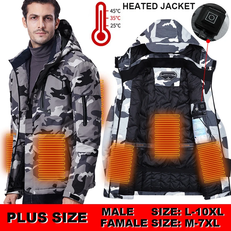 Heated Jackets Men Hunting Ski Jackets Women Waterproof USB Heating Hooded Jackets Windbreaker Electric Heated Clothes Plus Size