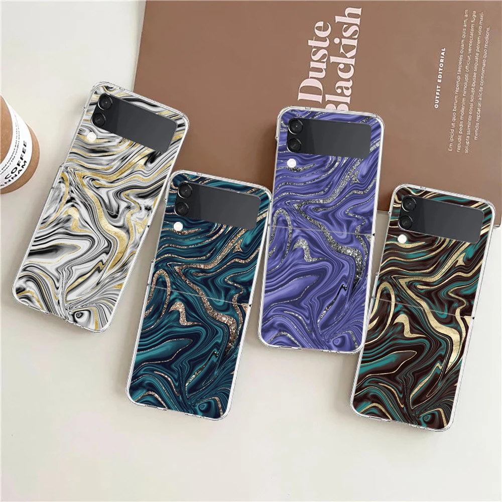 

Marble Pattern Black Gold Glitter ZFlip4 ZFlip3 Phone Case For Samsung Z Flip 4 3 5G Transparent Hard Shell Galaxy Cover Folding