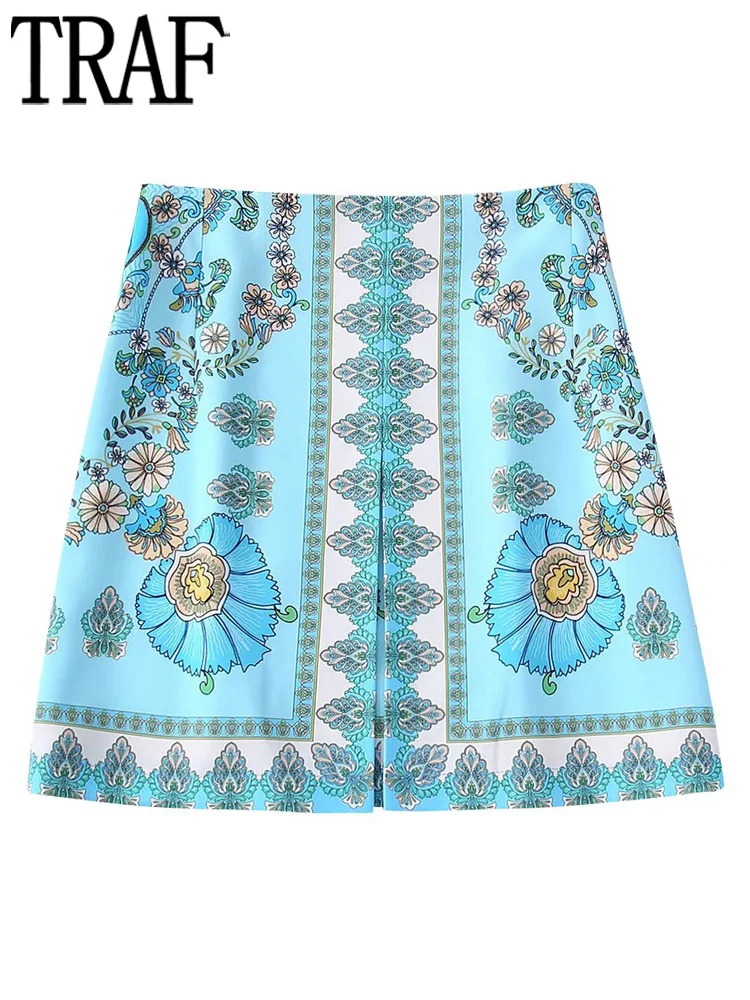 

TRAF 2022 Print Women Skirt Satin Mini Skirts Woman Fashion 2022 Summer Slit Short Skirt Women Streetwear Aesthetic Skirts Woman