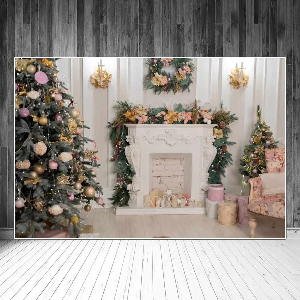 

Christmas Tree Garland Fireplace Candles Interior Photography Backgrounds Custom Baby Party Decoration Photo Booth Backdrops