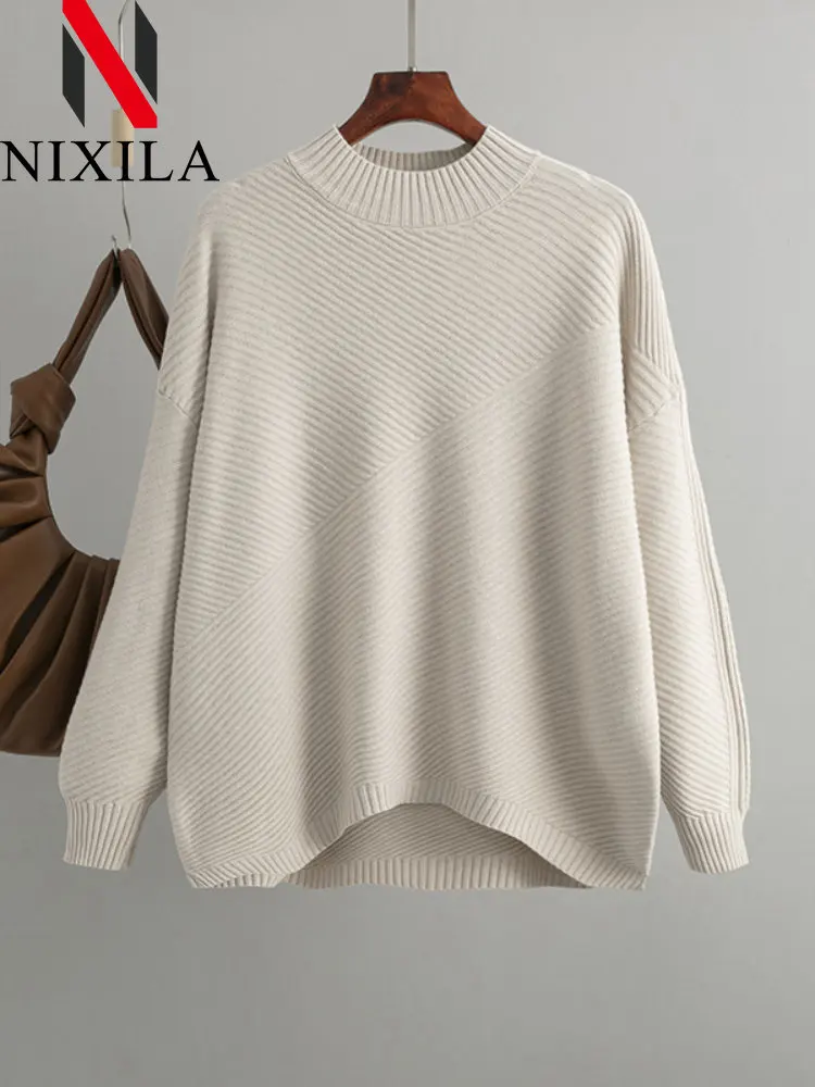 

New In Women's Pullover Retro Loose Fitting Half High Collar Ladies Sweater Elegant Womens Clothing Long Sleeved Fashion Tops