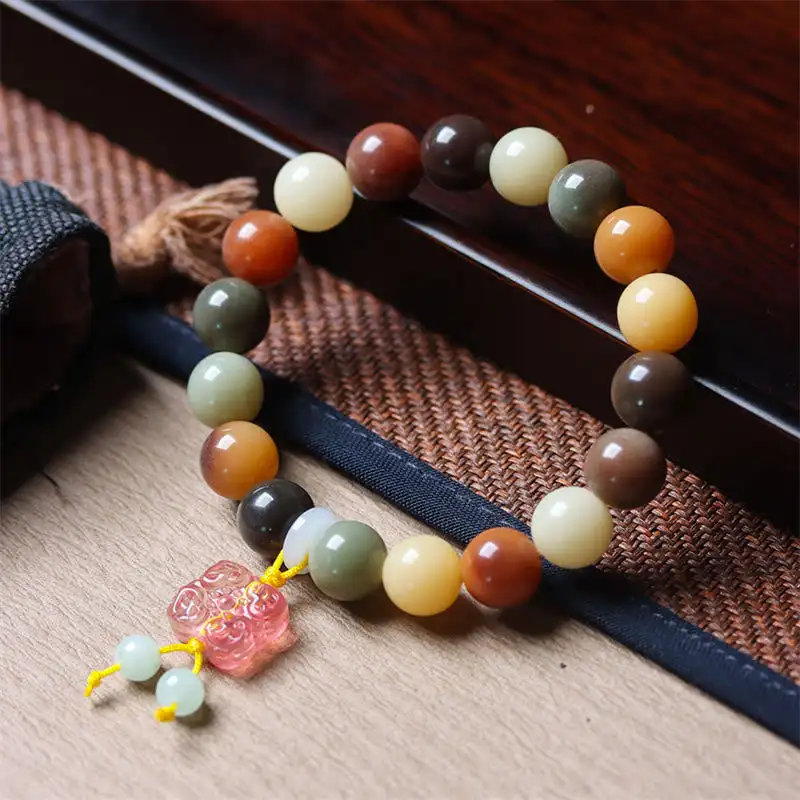 

Buddha Stones Natural Multicolored Gradient Bodhi Seed Liuli Glass Charm Peace Bracelet
