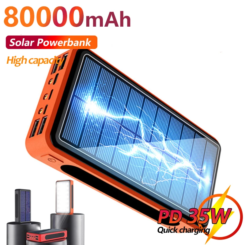 

80000mAh Solar Power Bank High Capacity Solar Charger with 4USB Ports Camping Light Powerbank External Battery for IPhone Xiaomi