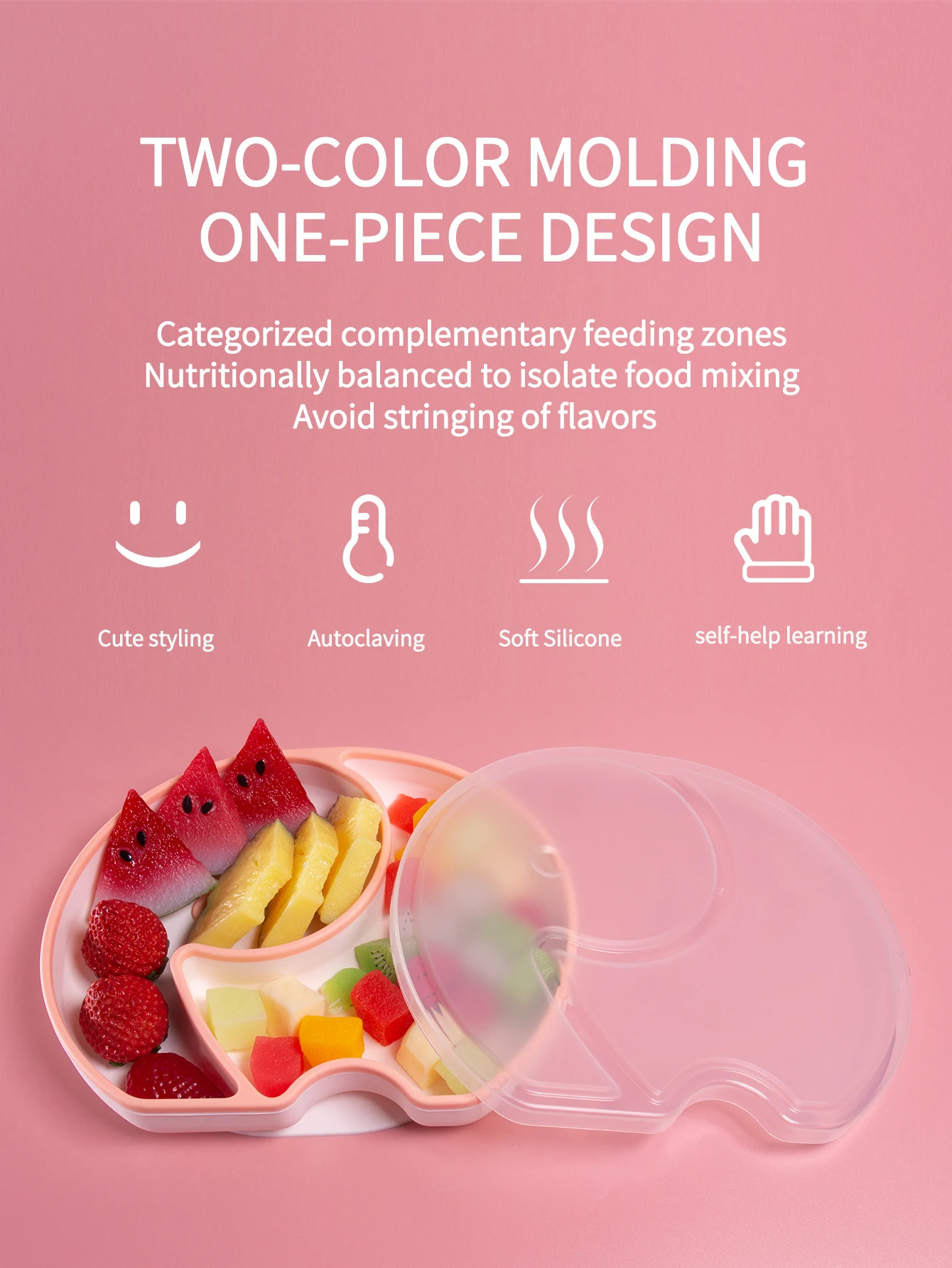 

Baby suction cup silicone dinner plate cute elephant shape compartment with lid silicone children's tableware suction training